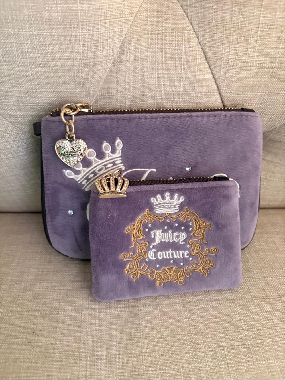 Juicy Couture Lavender Velvet Cosmetic Pouch Duo with Gold Accents